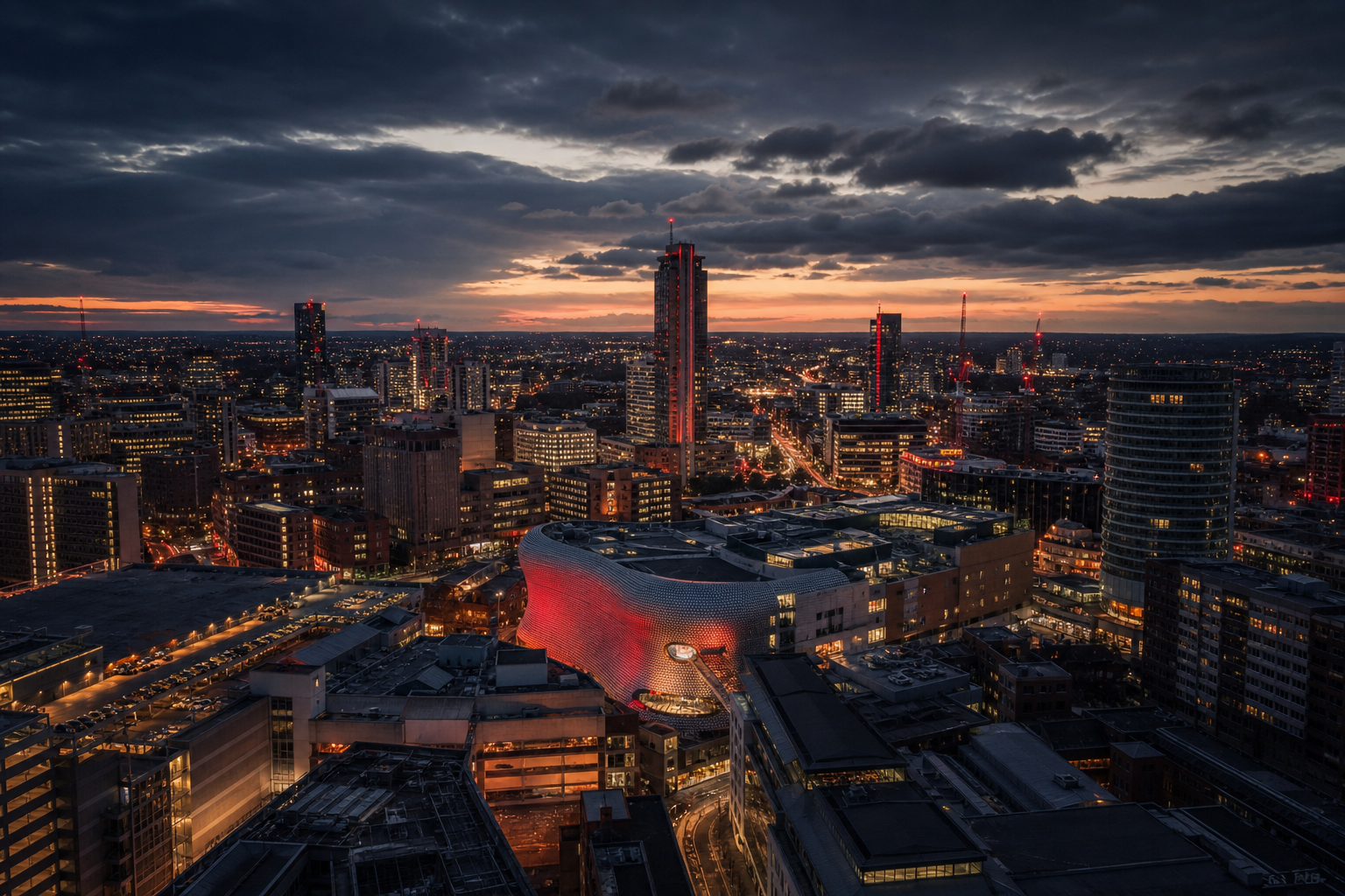 Birmingham cityscape at dusk representing ZYVERY GLOBAL headquarters location